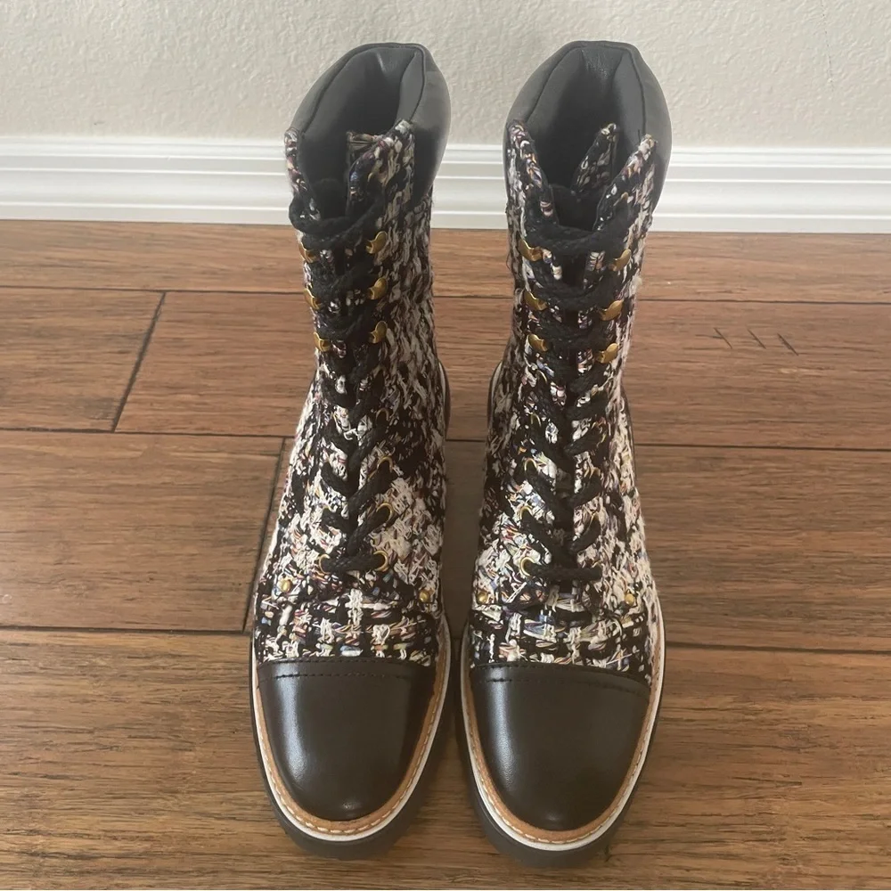 Tory Burch tweed combat boots fall boots winter boots lace up boots black bootie